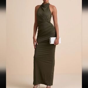 Lulus Seraiah Olive Green Knotted Ruched Halter Maxi Dress Size Medium